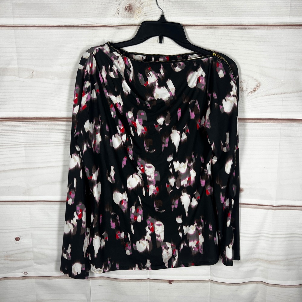 H Halston Boat Neck Top Womens Medium Black Floral Zipper Shoulder Long Sleeve